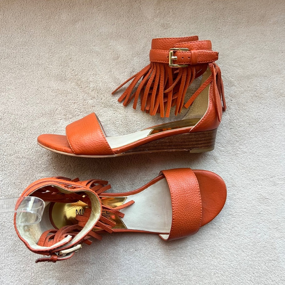 Michael Kors Women 5.5 M Orange Leather Fringe Ankle Wrap Wedge Sandals Boho - Picture 16 of 16